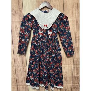Rare Editions size 7 Girls prairie dress made in USA blue red white lace vintage